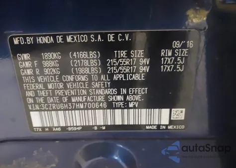 2017 Honda Hr-V Lx из США, поврежденный, VIN 3CZRU6H37HM700646